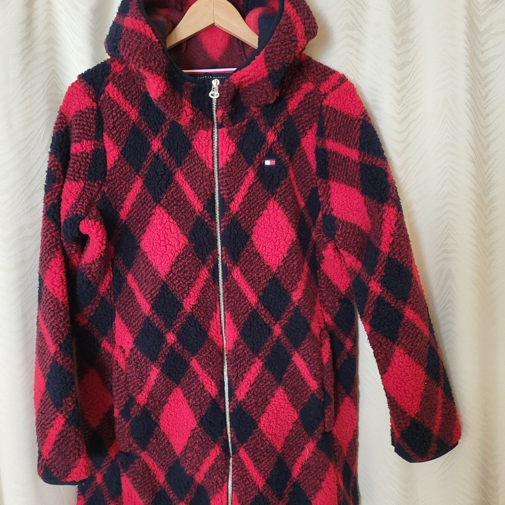 Tommy Hilfiger Kids Red and Black Checkered Puffer Jacket With Pockets